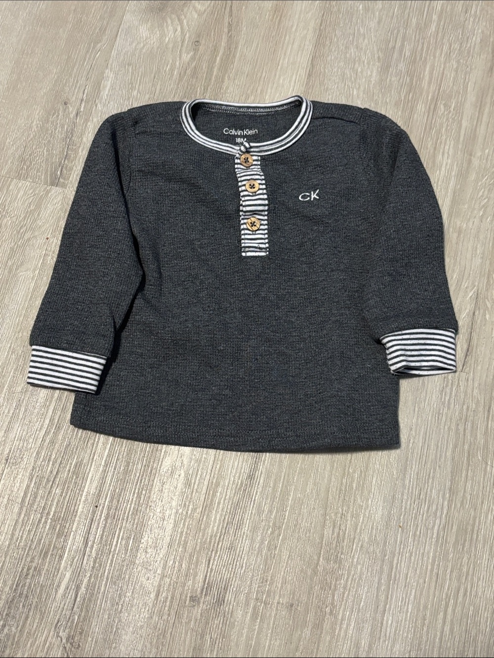 Calvin Klein Dark Gray Knit Henley with Black & White Striped Trim